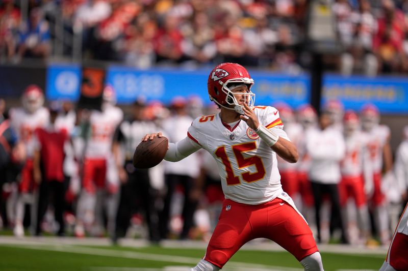 Kansas City Chiefs quarterback Patrick Mahomes throws during the first half of an NFL football game against the Los Angeles Chargers Sunday, Sept. 29, 2024, in Inglewood, Calif. (AP Photo/Marcio Jose Sanchez)