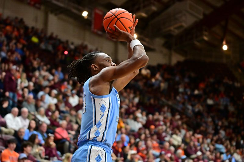 Mar 4, 2025; Blacksburg, Virginia, USA; North Carolina Tar Heels forward Jae'Lyn Withers (24) shoots a shot during the second half against Virginia Tech Hokies at Cassell Coliseum. Mandatory Credit: Brian Bishop-Imagn Images