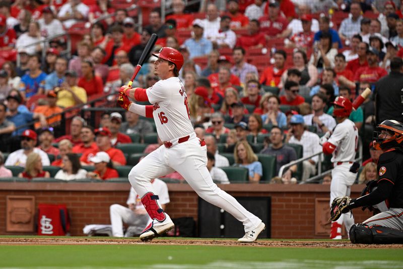 May 21, 2024; St. Louis, Missouri, USA; St. Louis Cardinals second baseman Nolan Gorman (16) watches the ball after hitting a 1-run double against the Baltimore Orioles during the second inning at Busch Stadium. Mandatory Credit: Jeff Le-USA TODAY Sports