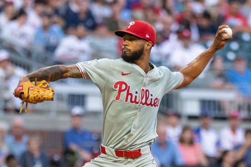 Aug 22, 2024; Cumberland, Georgia, USA; Philadelphia Phillies pitcher Cristopher Sánchez (61) pitches the ball against the Atlanta Braves during the second inning at Truist Park. Mandatory Credit: Jordan Godfree-USA TODAY Sports