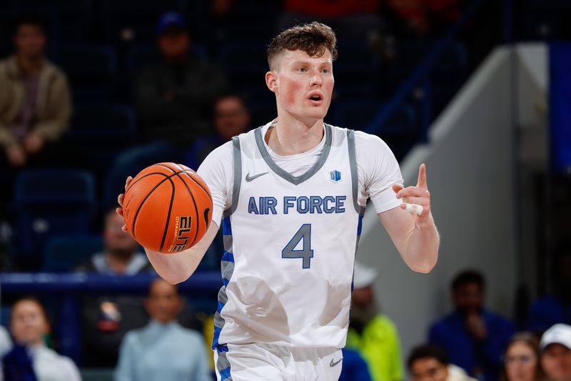 Feb 10, 2023; Colorado Springs, Colorado, USA; Air Force Falcons guard Carter Murphy (4) controls the ball in the second half against the New Mexico Lobos at Clune Arena. Mandatory Credit: Isaiah J. Downing-USA TODAY Sports