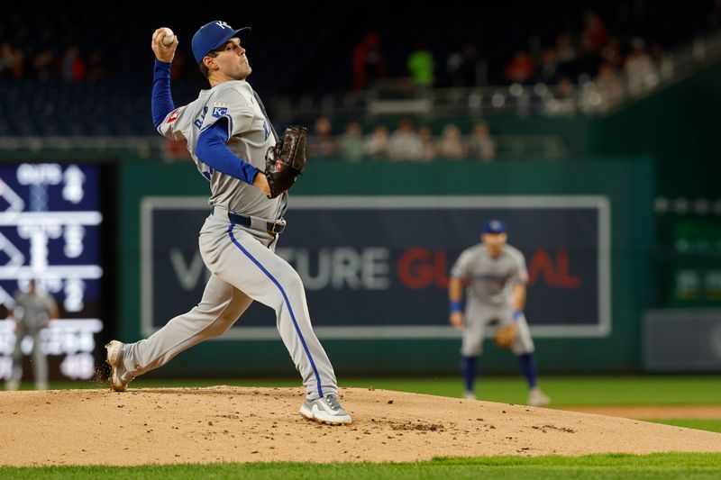 Sep 24, 2024; Washington, District of Columbia, USA; Kansas City Royals starting pitcher Cole Ragans (55) pitches against the Washington Nationals during the first inning at Nationals Park. Mandatory Credit: Geoff Burke-Imagn Images