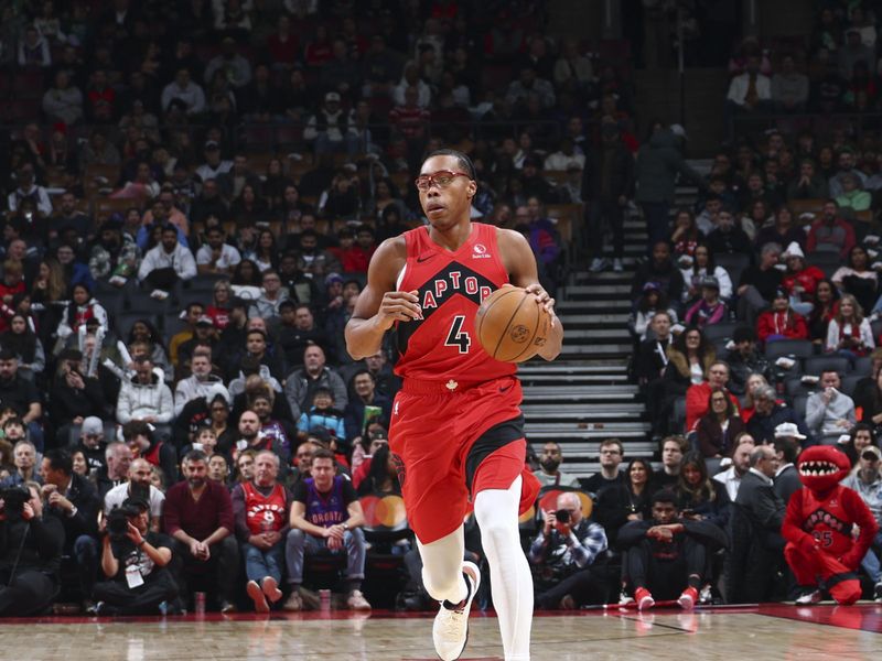 TORONTO, CANADA - DECEMBER 01:  Scottie Barnes #4 of the Toronto Raptors dribbles the ball during the game against the Miami Heat on December 1, 2024 at the Scotiabank Arena in Toronto, Ontario, Canada.  NOTE TO USER: User expressly acknowledges and agrees that, by downloading and or using this Photograph, user is consenting to the terms and conditions of the Getty Images License Agreement.  Mandatory Copyright Notice: Copyright 2024 NBAE (Photo by Vaughn Ridley/NBAE via Getty Images)