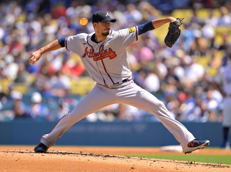 Sep 3, 2023; Los Angeles, California, USA;  Atlanta Braves starting pitcher Charlie Morton (50) delivers to the plate in the first inning against the Los Angeles Dodgers at Dodger Stadium. Mandatory Credit: Jayne Kamin-Oncea-USA TODAY Sports