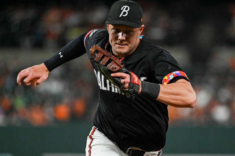 May 31, 2024; Baltimore, Maryland, USA;  Baltimore Orioles first baseman Ryan Mountcastle (6) runs to first base after fielding a eighth inning ground ball against the Tampa Bay Rays at Oriole Park at Camden Yards. Mandatory Credit: Tommy Gilligan-USA TODAY Sports