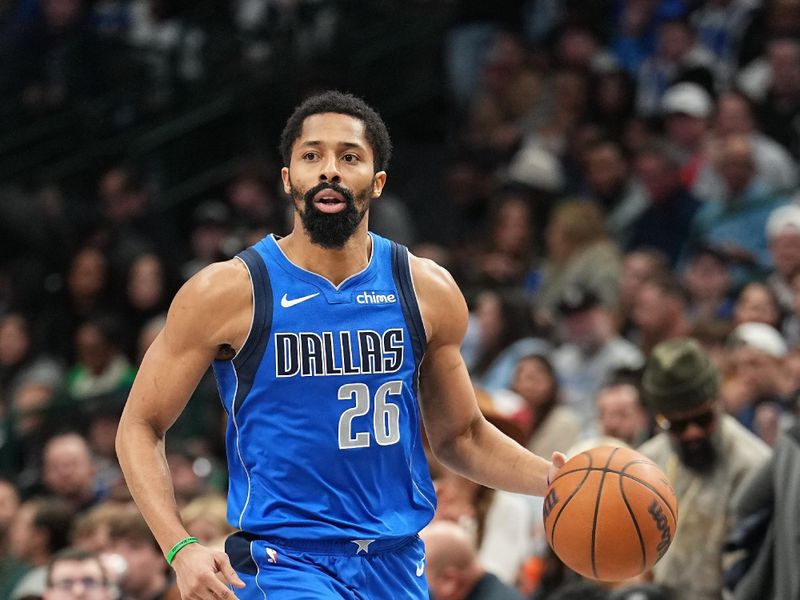 DALLAS, TX - JANUARY 17:  Spencer Dinwiddie #26 of the Dallas Mavericks dribbles the ball during the game against the Oklahoma City Thunder on January 17, 2025 at American Airlines Center in Dallas, Texas. NOTE TO USER: User expressly acknowledges and agrees that, by downloading and or using this photograph, User is consenting to the terms and conditions of the Getty Images License Agreement. Mandatory Copyright Notice: Copyright 2025 NBAE (Photo by Glenn James/NBAE via Getty Images)