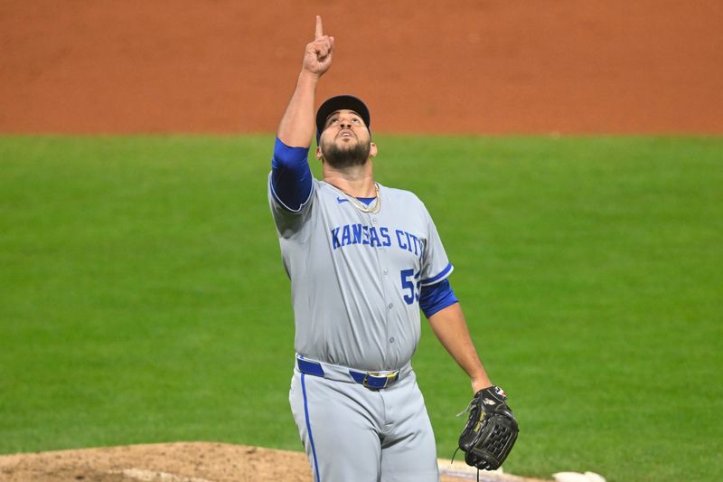 Sep 10, 2025; Cleveland, Ohio, USA; Kansas City Royals relief pitcher Carlos Estevez (53) celebrates a win over the Cleveland Guardians at Progressive Field. Mandatory Credit: David Richard-Imagn Images