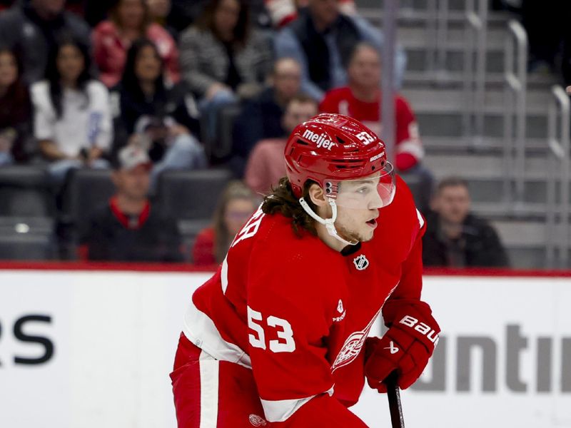 Mar 16, 2024; Detroit, Michigan, USA;  Detroit Red Wings defenseman Moritz Seider (53) skates with the puck in the third period against the Buffalo Sabres at Little Caesars Arena. Mandatory Credit: Rick Osentoski-USA TODAY Sports