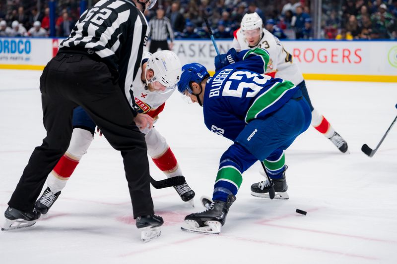 Dec 14, 2023; Vancouver, British Columbia, CAN; Florida Panthers forward Sam Bennett (9) faces off against Vancouver Canucks forward Teddy Blueger (53) in the first period at Rogers Arena. Mandatory Credit: Bob Frid-USA TODAY Sports