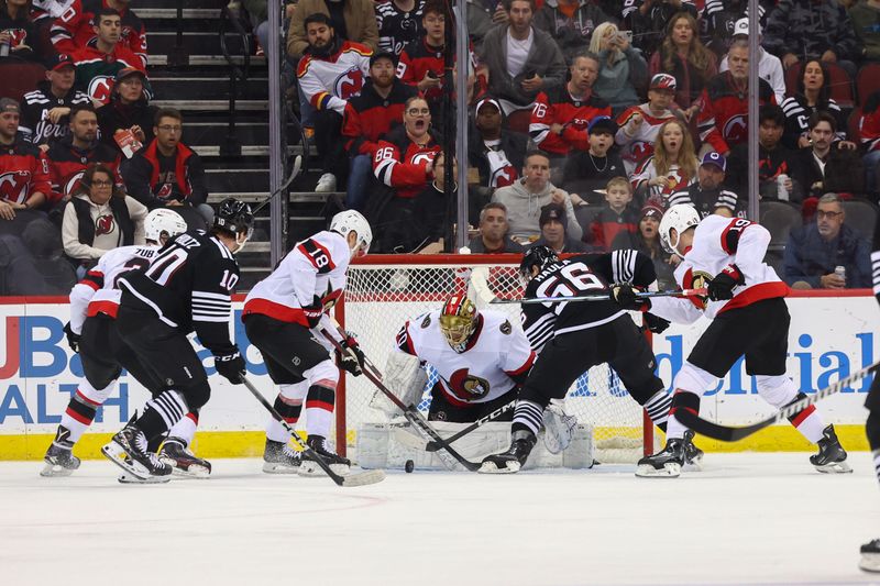 Mar 23, 2024; Newark, New Jersey, USA; Ottawa Senators goaltender Joonas Korpisalo (70) makes a save on New Jersey Devils left wing Erik Haula (56) during the first period at Prudential Center. Mandatory Credit: Ed Mulholland-USA TODAY Sports