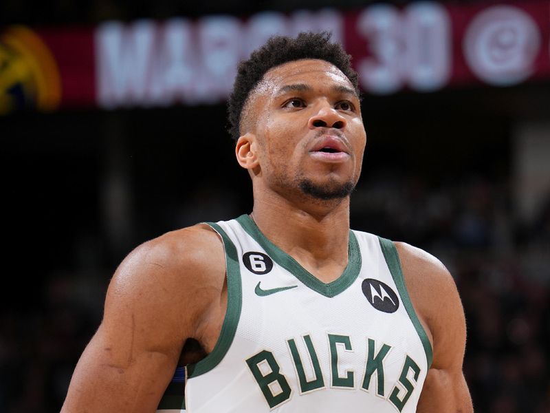 DENVER, CO - MARCH 25: Giannis Antetokounmpo #34 of the Milwaukee Bucks prepares to shoot a free throw during the game against the Denver Nuggets on March 25, 2023 at the Ball Arena in Denver, Colorado. NOTE TO USER: User expressly acknowledges and agrees that, by downloading and/or using this Photograph, user is consenting to the terms and conditions of the Getty Images License Agreement. Mandatory Copyright Notice: Copyright 2023 NBAE (Photo by Bart Young/NBAE via Getty Images)