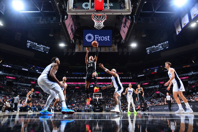 SAN ANTONIO, TX - JANUARY 31: Tre Jones #33 of the San Antonio Spurs drives to the basket during the game against the Osceola Magic on January 31, 2024 at the Frost Bank Center in San Antonio, Texas. NOTE TO USER: User expressly acknowledges and agrees that, by downloading and or using this photograph, user is consenting to the terms and conditions of the Getty Images License Agreement. Mandatory Copyright Notice: Copyright 2024 NBAE (Photos by Michael Gonzales/NBAE via Getty Images)