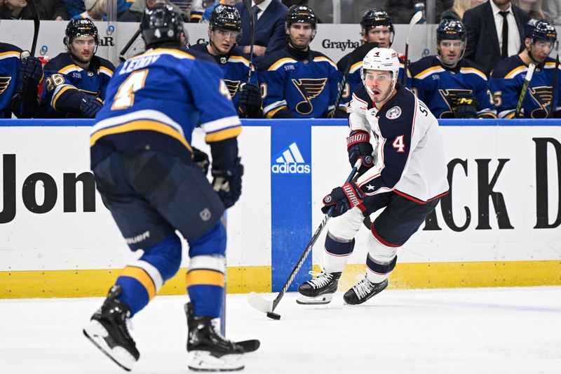 Jan 30, 2024; St. Louis, Missouri, USA; Columbus Blue Jackets center Cole Sillinger (4) skates against the St. Louis Blues during the third period at Enterprise Center. Mandatory Credit: Jeff Le-USA TODAY Sports