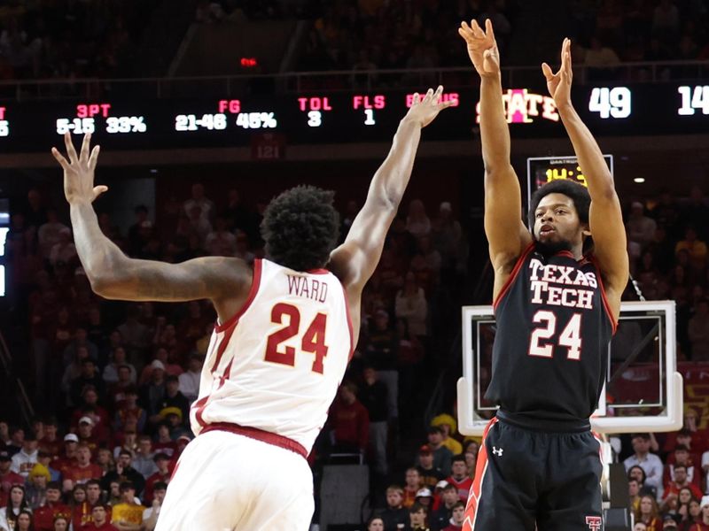 Feb 17, 2024; Ames, Iowa, USA; Texas Tech Red Raiders guard Kerwin Walton (24) shoots the ball over Iowa State Cyclones forward Hason Ward (24) during the second half at James H. Hilton Coliseum. Mandatory Credit: Reese Strickland-USA TODAY Sports