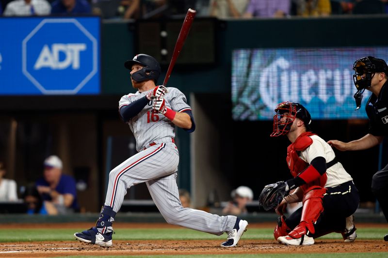 Sep 2, 2023; Arlington, Texas, USA; Minnesota Twins left fielder Jordan Luplow (16) hits a single in the fourth inning against the Texas Rangers at Globe Life Field. Mandatory Credit: Tim Heitman-USA TODAY Sports