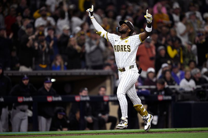 May 13, 2024; San Diego, California, USA; San Diego Padres left fielder Jurickson Profar (10) rounds the bases after hitting a two-run home run against the Colorado Rockies during the sixth inning at Petco Park. Mandatory Credit: Orlando Ramirez-USA TODAY Sports