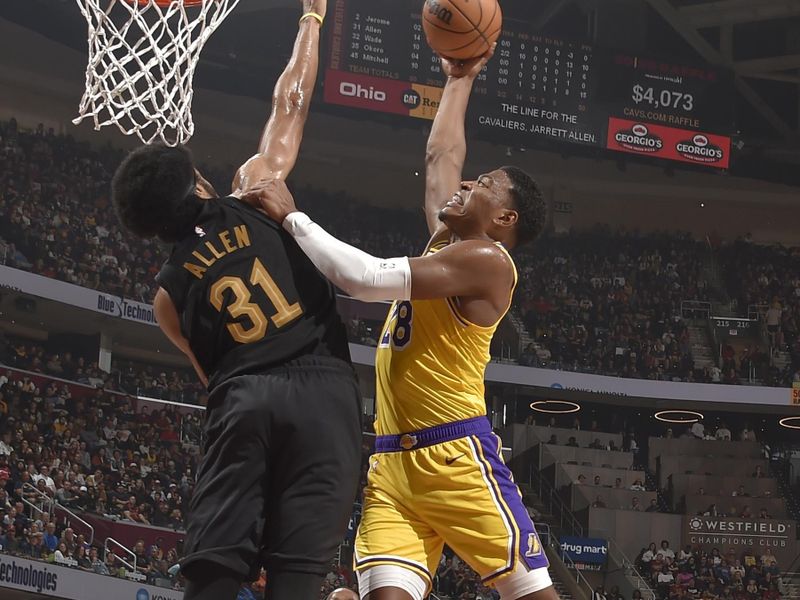 CLEVELAND, OH - OCTOBER 30: Rui Hachimura #28 of the Los Angeles Lakers drives to the basket during the game against the Cleveland Cavaliers on October 30, 2024 at Rocket Mortgage FieldHouse in Cleveland, Ohio. NOTE TO USER: User expressly acknowledges and agrees that, by downloading and/or using this Photograph, user is consenting to the terms and conditions of the Getty Images License Agreement. Mandatory Copyright Notice: Copyright 2024 NBAE (Photo by David Liam Kyle/NBAE via Getty Images)