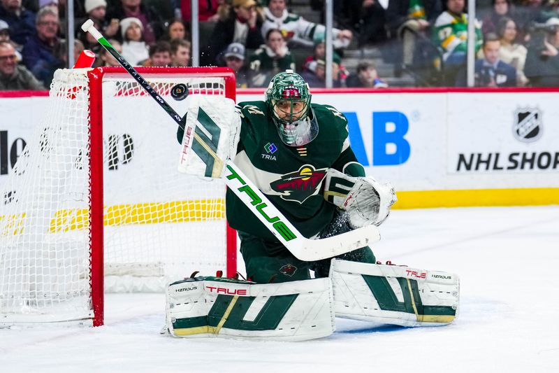 Jan 15, 2024; Saint Paul, Minnesota, USA; Minnesota Wild goaltender Marc-Andre Fleury (29) makes a save during the third period against the New York Islanders at Xcel Energy Center. Mandatory Credit: Brace Hemmelgarn-USA TODAY Sports