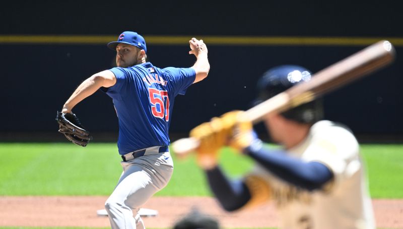 May 30, 2024; Milwaukee, Wisconsin, USA; Chicago Cubs starting pitcher Jameson Taillon (50) delivers a pitch against the Milwaukee Brewers in the first inning at American Family Field. Mandatory Credit: Michael McLoone-USA TODAY Sports