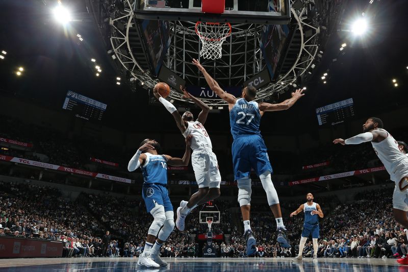 MINNEAPOLIS, MN -  MARCH 22: Caris LeVert #3 of the Cleveland Cavaliers drives to the basket during the game against the Minnesota Timberwolves on March 22, 2024 at Target Center in Minneapolis, Minnesota. NOTE TO USER: User expressly acknowledges and agrees that, by downloading and or using this Photograph, user is consenting to the terms and conditions of the Getty Images License Agreement. Mandatory Copyright Notice: Copyright 2024 NBAE (Photo by David Sherman/NBAE via Getty Images)