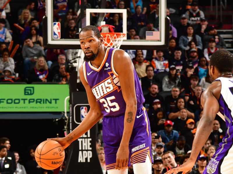 PHOENIX, AZ - FEBRUARY 13:  Kevin Durant #35 of the Phoenix Suns handles the ball during the game against the Sacramento Kings on February 13, 2024 at Footprint Center in Phoenix, Arizona. NOTE TO USER: User expressly acknowledges and agrees that, by downloading and or using this photograph, user is consenting to the terms and conditions of the Getty Images License Agreement. Mandatory Copyright Notice: Copyright 2024 NBAE (Photo by Kate Frese/NBAE via Getty Images)