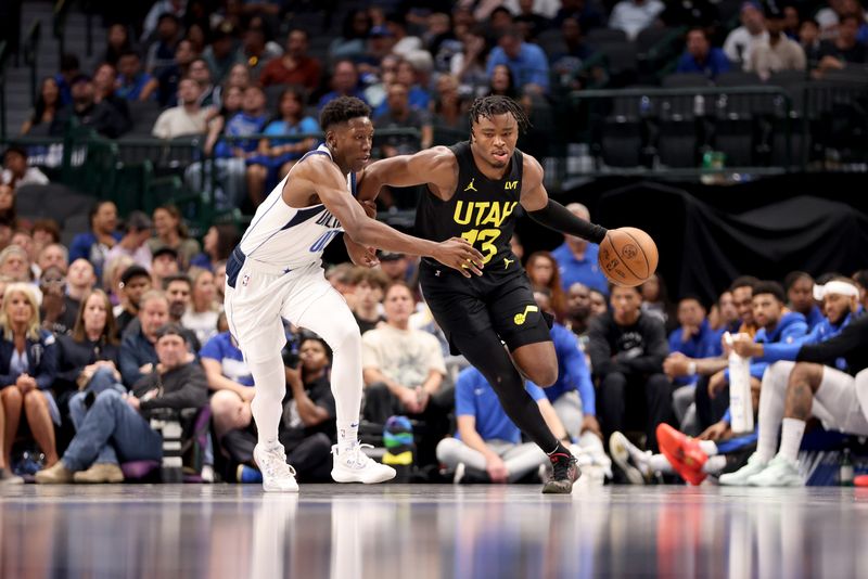 DALLAS, TEXAS - OCTOBER 10: Isaiah Collier #13 of the Utah Jazz drives up court against Jazian Gortman #00 of the Dallas Mavericks in the second half at American Airlines Center on October 10, 2024 in Dallas, Texas. NOTE TO USER: User expressly acknowledges and agrees that, by downloading and or using this Photograph, user is consenting to the terms and conditions of the Getty Images License Agreement. Mandatory Copyright Notice: Copyright 2024 NBAE  (Photo by Tim Heitman/Getty Images)