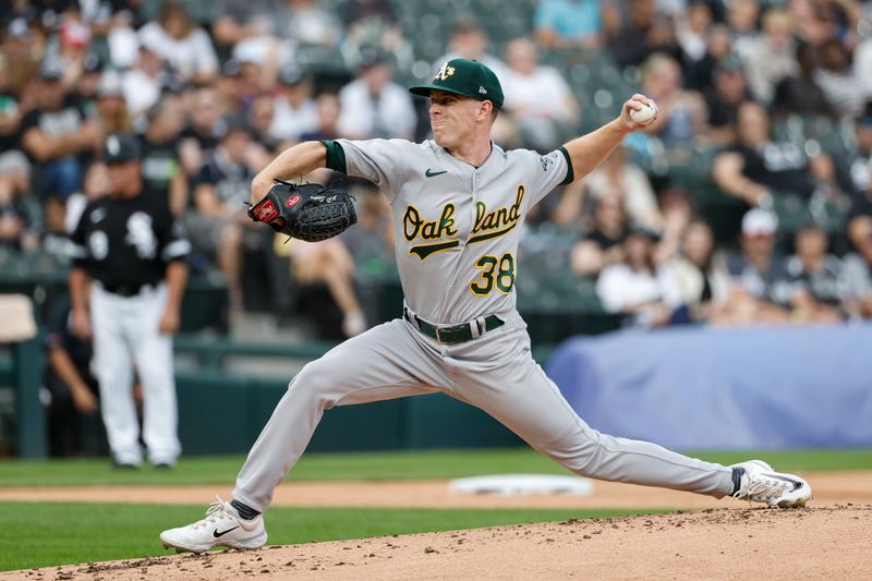 Aug 26, 2023; Chicago, Illinois, USA; Oakland Athletics starting pitcher JP Sears (38) delivers a pitch against the Chicago White Sox during the first inning at Guaranteed Rate Field. Mandatory Credit: Kamil Krzaczynski-USA TODAY Sports