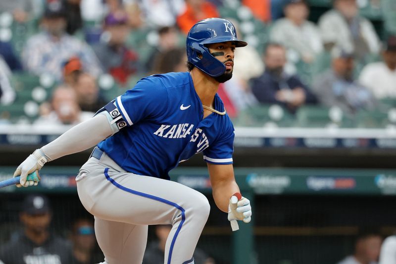 Sep 28, 2023; Detroit, Michigan, USA; Kansas City Royals right fielder MJ Melendez (1) hits a double in the fifth inning against the Detroit Tigers at Comerica Park. Mandatory Credit: Rick Osentoski-USA TODAY Sports