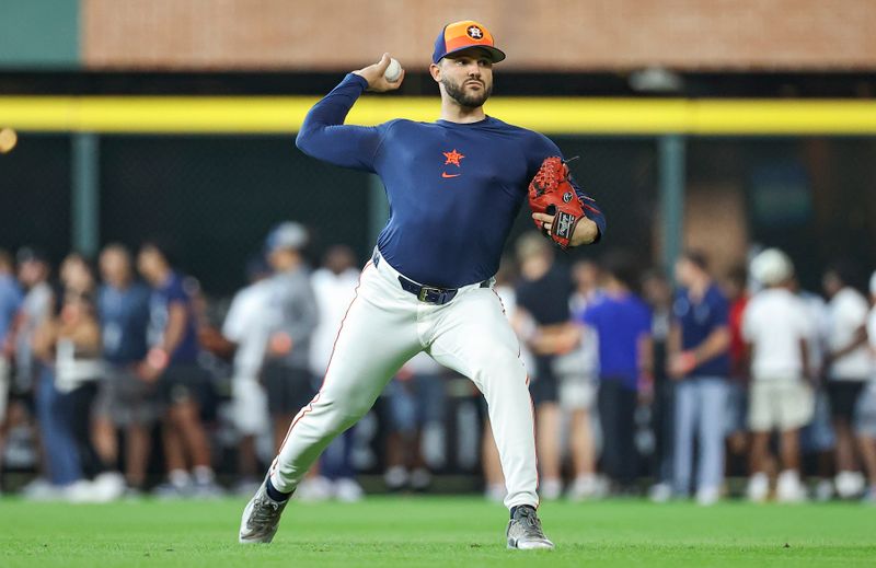 Jun 22, 2024; Houston, Texas, USA; Houston Astros pitcher Luis Contreras throws on the field before the game against the Baltimore Orioles at Minute Maid Park. Mandatory Credit: Troy Taormina-USA TODAY Sports