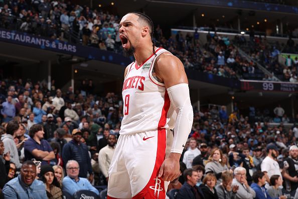 MEMPHIS, TN - DECEMBER 15:  Dillon Brooks #9 of the Houston Rockets celebrates during the game against the Memphis Grizzlies after the game against the Memphis Grizzlies on December 15, 2023 at FedExForum in Memphis, Tennessee. NOTE TO USER: User expressly acknowledges and agrees that, by downloading and or using this photograph, User is consenting to the terms and conditions of the Getty Images License Agreement. Mandatory Copyright Notice: Copyright 2023 NBAE (Photo by Joe Murphy/NBAE via Getty Images)