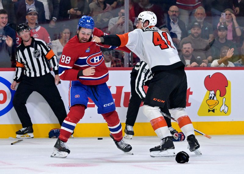 Sep 23, 2025; Montreal, Quebec, CAN; Montreal Canadiens forward Luke Tuch (88) and Philadelphia Flyers defenseman Hunter McDonald (41) fight during the third period at the Bell Centre. Mandatory Credit: Eric Bolte-Imagn Images
