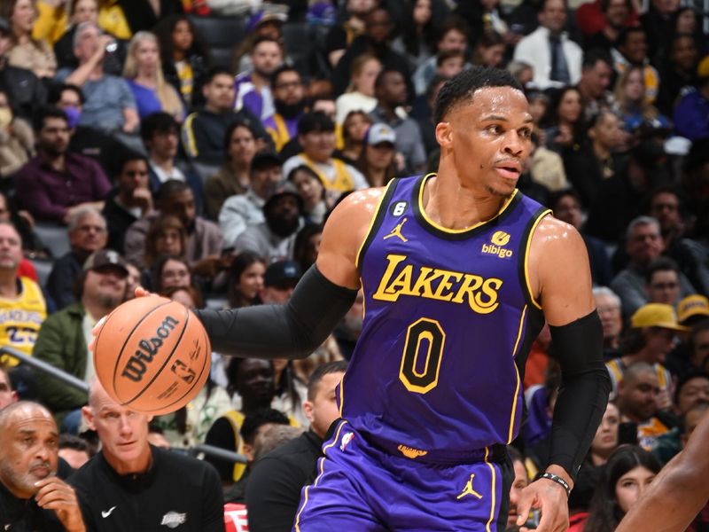 LOS ANGELES, CA - JANUARY 6: Russell Westbrook #0 of the Los Angeles Lakers handles the ball during the game against the Atlanta Hawks on January 6, 2023 at Crypto.Com Arena in Los Angeles, California. NOTE TO USER: User expressly acknowledges and agrees that, by downloading and/or using this Photograph, user is consenting to the terms and conditions of the Getty Images License Agreement. Mandatory Copyright Notice: Copyright 2023 NBAE (Photo by Andrew D. Bernstein/NBAE via Getty Images)