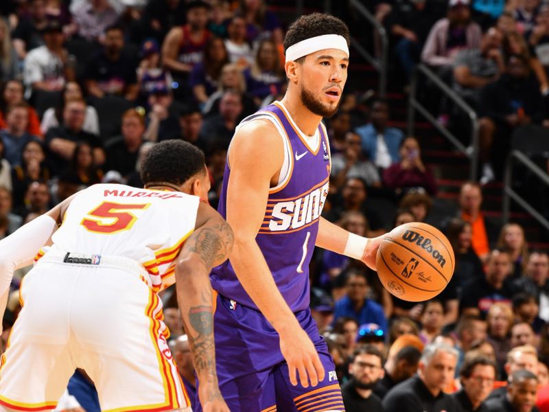 PHOENIX, AZ - MARCH 21:  Devin Booker #1 of the Phoenix Suns handles the ball during the game  on March 21, 2024 at Footprint Center in Phoenix, Arizona. NOTE TO USER: User expressly acknowledges and agrees that, by downloading and or using this photograph, user is consenting to the terms and conditions of the Getty Images License Agreement. Mandatory Copyright Notice: Copyright 2024 NBAE (Photo by Barry Gossage/NBAE via Getty Images)