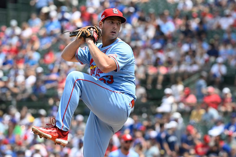 Jun 15, 2024; Chicago, Illinois, USA;  St. Louis Cardinals pitcher Andre Pallante (53) delivers against the Chicago Cubs during the first inning at Wrigley Field. Mandatory Credit: Matt Marton-USA TODAY Sports