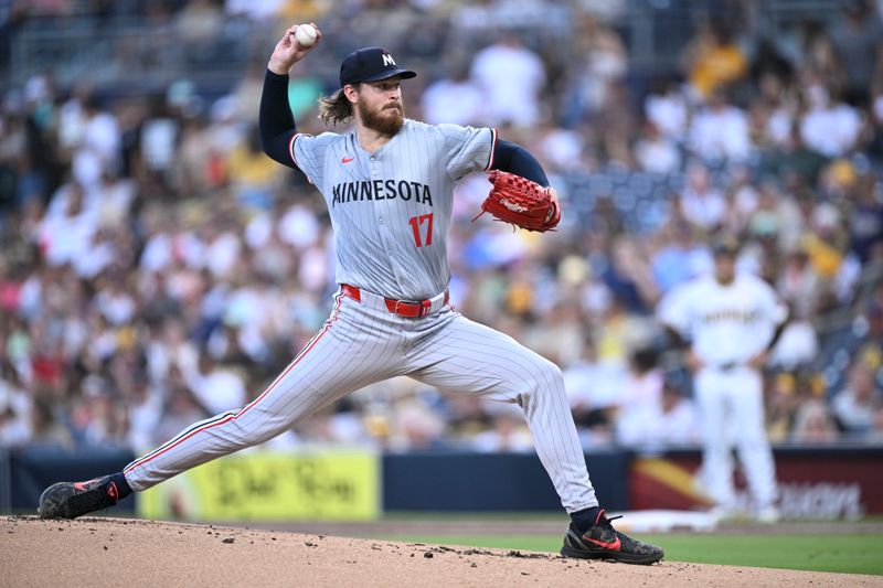 Aug 20, 2024; San Diego, California, USA; Minnesota Twins starting pitcher Bailey Ober (17) pitches against the San Diego Padres during the first inning at Petco Park. Mandatory Credit: Orlando Ramirez-USA TODAY Sports