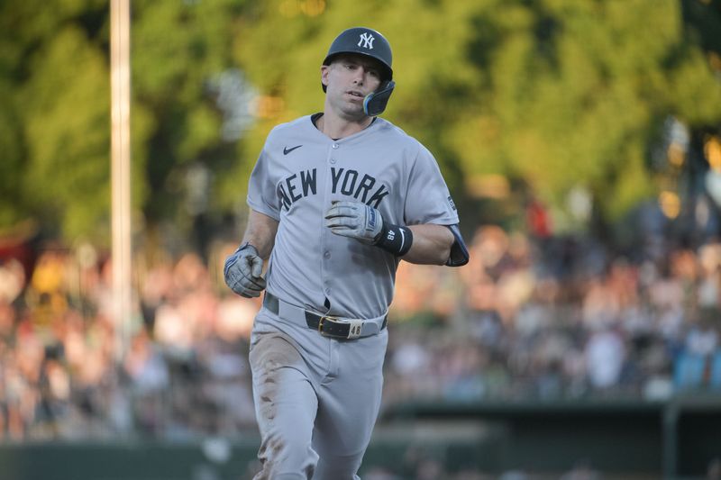 May 9, 2025; West Sacramento, California, USA; New York Yankees first baseman Paul Goldschmidt (48) rounds the bases after hitting a home run against the Athletics during the third inning at Sutter Health Park. Mandatory Credit: Ed Szczepanski-Imagn Images