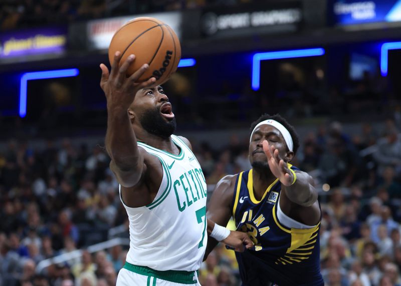 INDIANAPOLIS, INDIANA - OCTOBER 30: Jaylen Brown #7 of the Boston Celtics takes a shot against Pascal Siakam #43 of the Indiana Pacers during the first half at Gainbridge Fieldhouse on October 30, 2024 in Indianapolis, Indiana. NOTE TO USER: User expressly acknowledges and agrees that, by downloading and or using this photograph, User is consenting to the terms and conditions of the Getty Images License Agreement. (Photo by Justin Casterline/Getty Images)