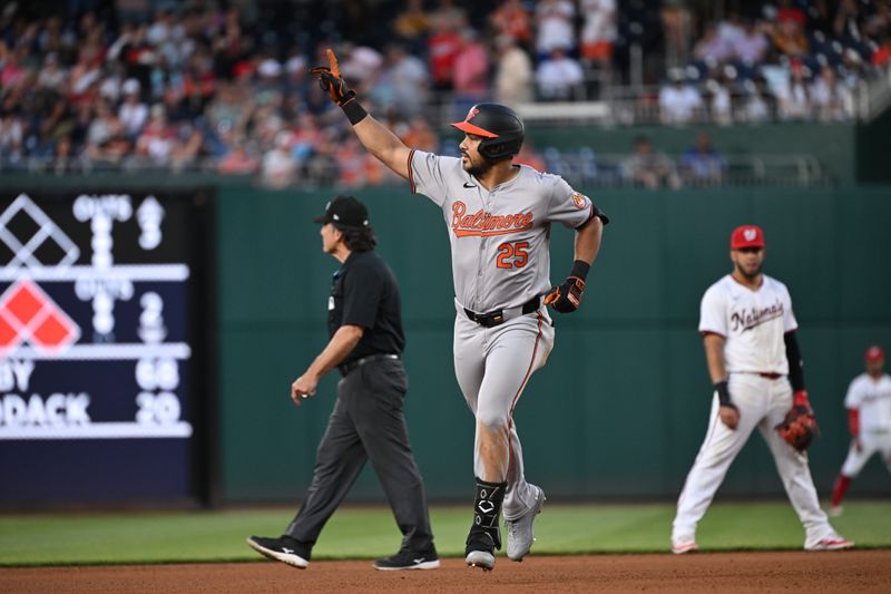 May 8, 2024; Washington, District of Columbia, USA; Baltimore Orioles outfielder Anthony Santander (25) celebrates after hitting a home run against the Washington Nationals during the fourth inning at Nationals Park. Mandatory Credit: Rafael Suanes-USA TODAY Sports