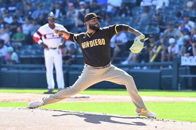 Oct 1, 2023; Chicago, Illinois, USA; San Diego Padres relief pitcher Pedro Avila (60) pitches during the first inning against the Chicago White Sox at Guaranteed Rate Field. Mandatory Credit: Patrick Gorski-USA TODAY Sports