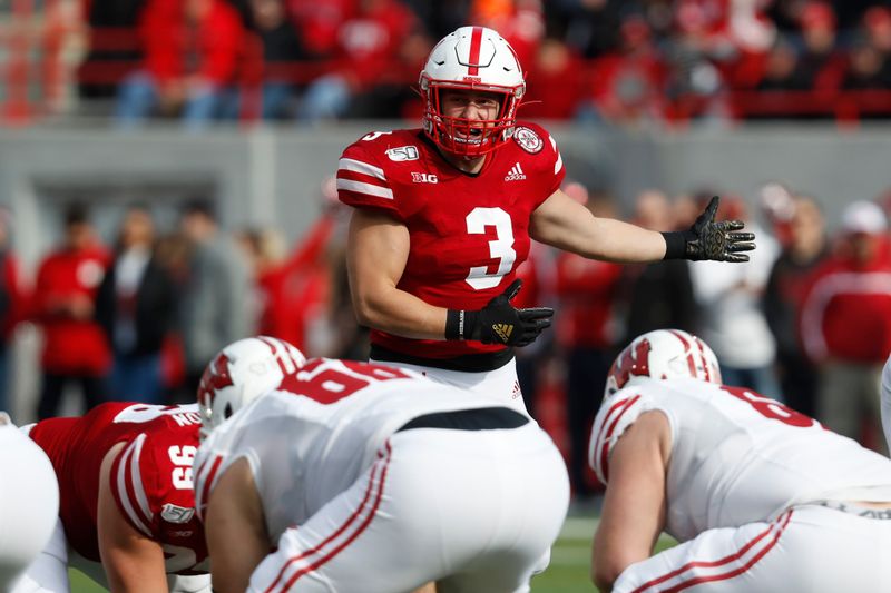 Nov 16, 2019; Lincoln, NE, USA; Nebraska Cornhuskers linebacker Will Honas (3) reacts during the game against the Wisconsin Badgers in the first half at Memorial Stadium. Mandatory Credit: Bruce Thorson-USA TODAY Sports