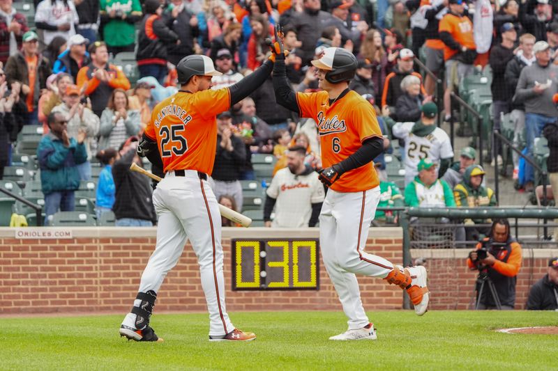 Apr 27, 2024; Baltimore, Maryland, USA; Baltimore Orioles right fielder Anthony Santander (25) congratulates first baseman Ryan Mountcastle (6) for hitting a home run against the Oakland Athletics during the first inning at Oriole Park at Camden Yards. Mandatory Credit: Gregory Fisher-USA TODAY Sports