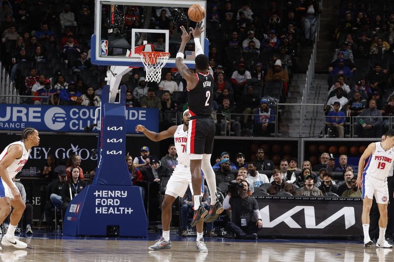DETROIT, MI - JANUARY 06: Deandre Ayton #2 of the Portland Trail Blazers shoots the ball during the game against the Detroit Pistons on January 06, 2025 at Little Caesars Arena in Detroit, Michigan. NOTE TO USER: User expressly acknowledges and agrees that, by downloading and/or using this photograph, User is consenting to the terms and conditions of the Getty Images License Agreement. Mandatory Copyright Notice: Copyright 2024 NBAE (Photo by Brian Sevald/NBAE via Getty Images)