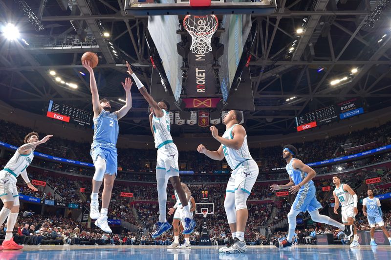 CLEVELAND, OH - NOVEMBER 17: Ty Jerome #2 of the Cleveland Cavaliers shoots the ball during the game against the Charlotte Hornets on November 17, 2024 at Rocket Mortgage FieldHouse in Cleveland, Ohio. NOTE TO USER: User expressly acknowledges and agrees that, by downloading and/or using this Photograph, user is consenting to the terms and conditions of the Getty Images License Agreement. Mandatory Copyright Notice: Copyright 2024 NBAE (Photo by David Liam Kyle/NBAE via Getty Images)