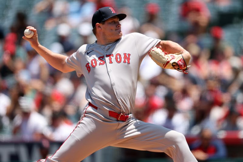 Jun 25, 2025; Anaheim, California, USA;  Boston Red Sox starting pitcher Richard Fitts (80) pitches during the first inning against the Los Angeles Angels at Angel Stadium. Mandatory Credit: Kiyoshi Mio-Imagn Images