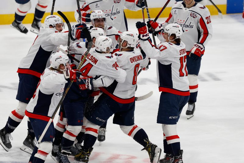 Apr 6, 2025; Elmont, New York, USA;  Washington Capitals left wing Alex Ovechkin (8) scores a goal in the 2nd period against the New York Islanders at UBS Arena. The goal is the 895th of Ovechkin’s career, breaking the NHL all-time career goals record previously held by Wayne Gretzky.at UBS Arena. Mandatory Credit: Geoff Burke-Imagn Images