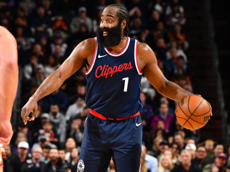 PHOENIX, AZ - JANUARY 27: James Harden #1 of the LA Clippers dribbles the ball during the game against the Phoenix Suns on January 27, 2025 at Footprint Center in Phoenix, Arizona. NOTE TO USER: User expressly acknowledges and agrees that, by downloading and or using this photograph, user is consenting to the terms and conditions of the Getty Images License Agreement. Mandatory Copyright Notice: Copyright 2025 NBAE (Photo by Barry Gossage/NBAE via Getty Images)
