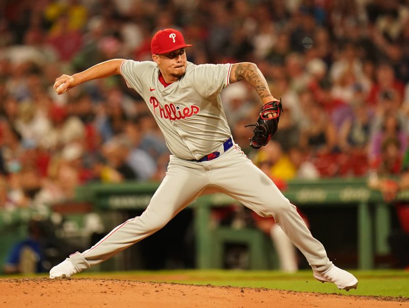 Jun 13, 2024; Boston, Massachusetts, USA; Philadelphia Phillies relief pitcher Orion Kerkering (50) throws a pitch against the Boston Red Sox in the sixth inning at Fenway Park. Mandatory Credit: David Butler II-USA TODAY Sports