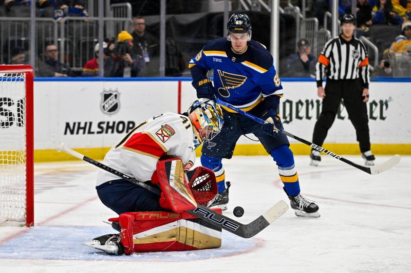 Jan 9, 2024; St. Louis, Missouri, USA;  Florida Panthers goaltender Anthony Stolarz (41) defends the net against St. Louis Blues left wing Pavel Buchnevich (89) during the second period at Enterprise Center. Mandatory Credit: Jeff Curry-USA TODAY Sports