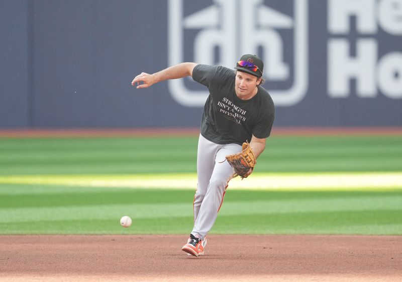 Jun 29, 2023; Toronto, Ontario, CAN; San Francisco Giants shortstop Casey Schmitt (6) fields balls during batting practice against the Toronto Blue Jays at Rogers Centre. Mandatory Credit: Nick Turchiaro-USA TODAY Sports