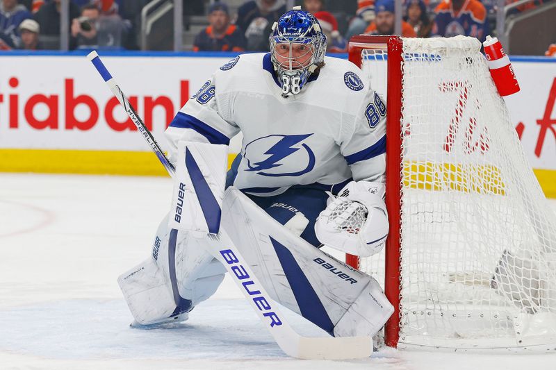 Dec 14, 2023; Edmonton, Alberta, CAN; Tampa Bay Lightning goaltender Andrei Vasilevskiy (88) follows the play against the Edmonton Oilers at Rogers Place. Mandatory Credit: Perry Nelson-USA TODAY Sports